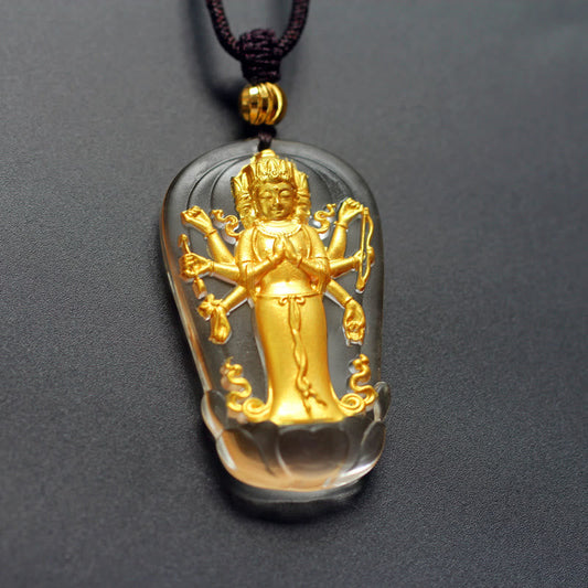 Wear FengShui Tibetan Eight-armed Avalokitesvara Guanyin Buddha Gold Plated Liuli Crystal Wealth Necklace Pendant