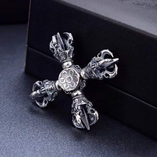 Wear FengShui Tibetan 925 Sterling Silver Double Dorje Vajra Engraved Spiritual Power Pendant
