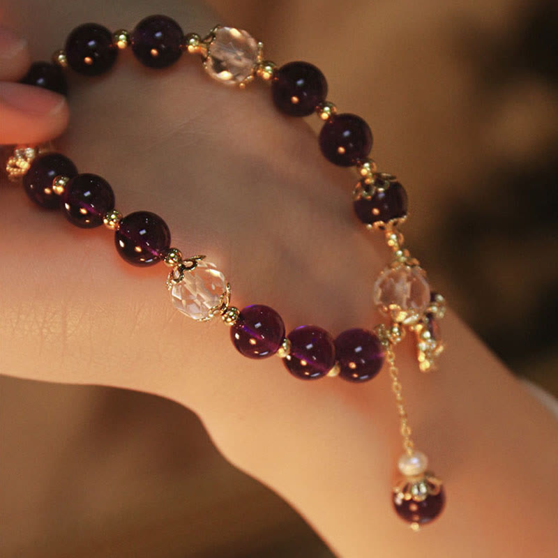 Wear FengShui 14k Gold Plated Natural Amethyst Healing Maple Leaf Charm Bracelet
