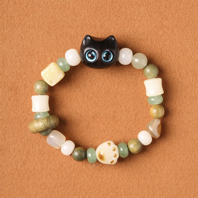 Wear FengShui Bodhi Seed Green Sandalwood Ebony Wood Small Leaf Red Sandalwood Cat Head Paw Claw Peace Bracelet