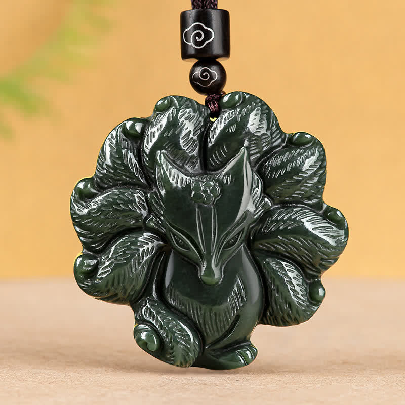 Wear FengShui Hetian Cyan Jade Nine Tailed Fox Luck Necklace String Pendant