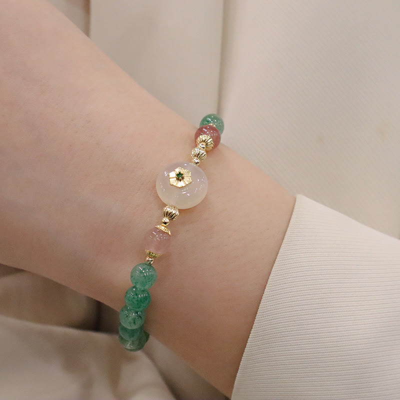 Wear FengShui Natural Green Strawberry Quartz Chalcedony Flower Gratitude Bracelet