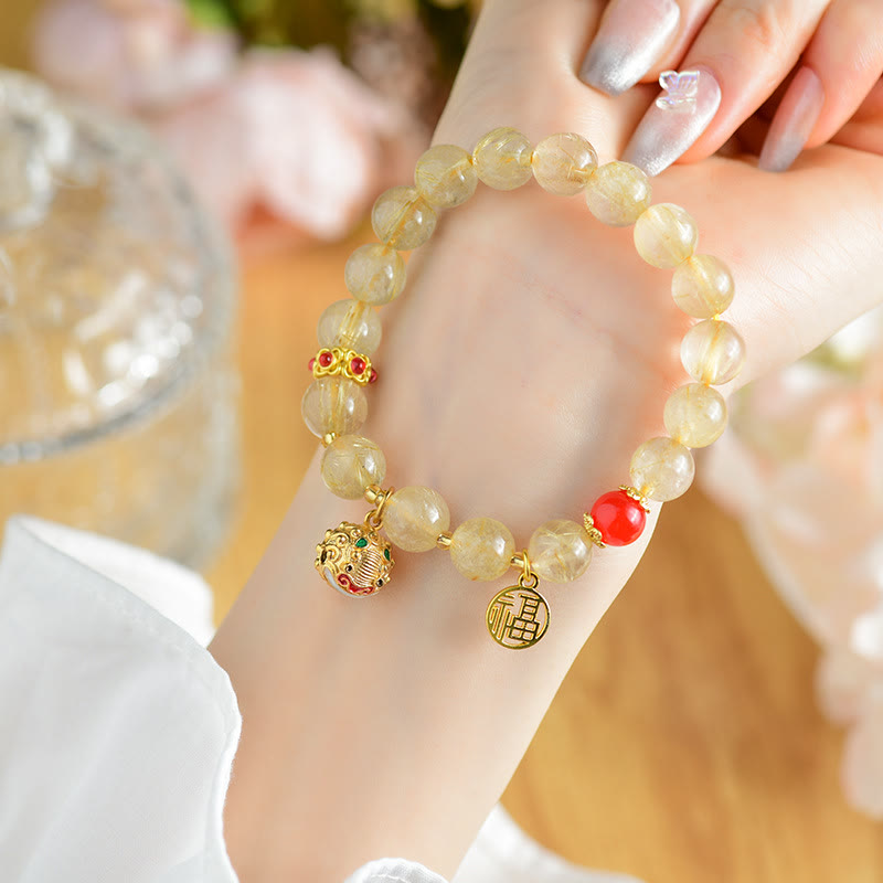 Wear FengShui Natural Golden Rutilated Quartz Fu Character Charm Bell Wealth Bracelet