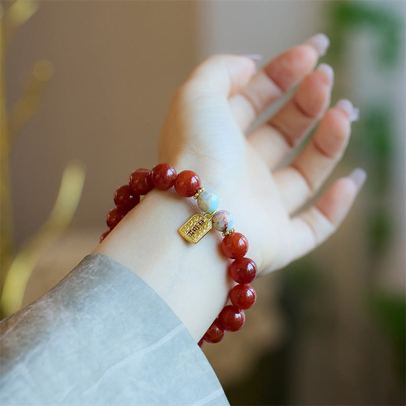 Wear FengShui Natural Red Agate Peace Talisman Fu Character Dragon Tail Confidence Charm Bracelet