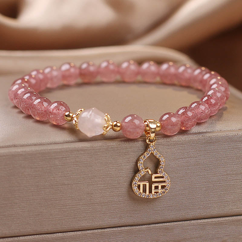 Wear FengShui Strawberry Quartz Gourd Fu Character Charm Positive Bracelet