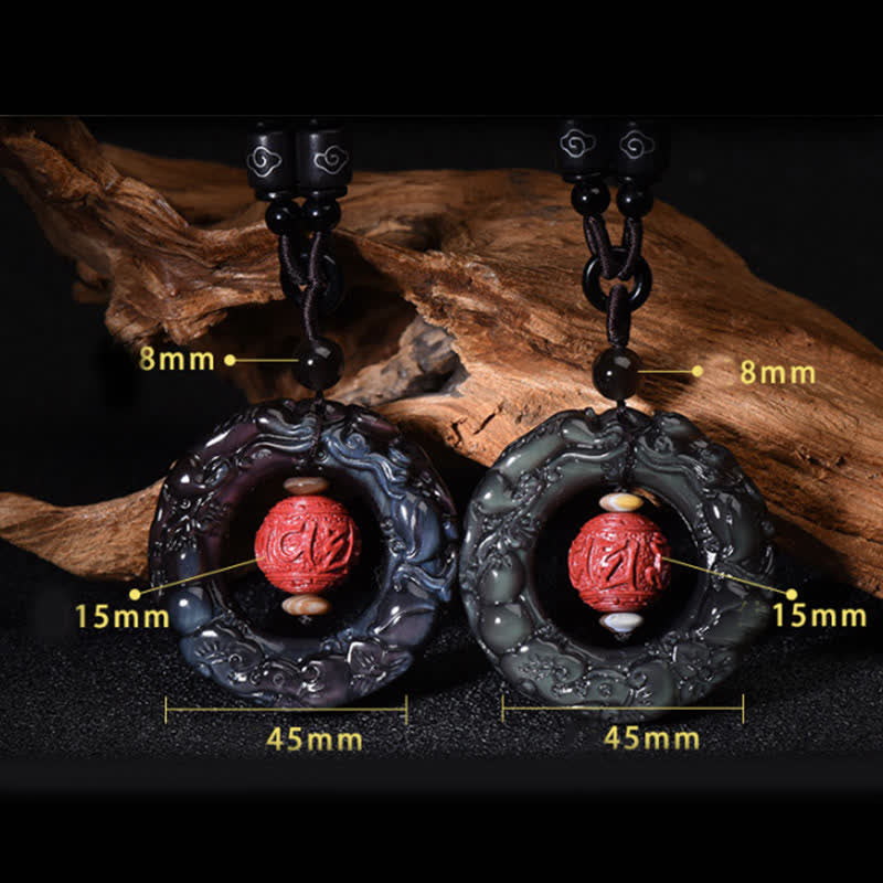 Wear FengShui FengShui Natural Rainbow Obsidian PiXiu Cinnabar Healing Necklace Pendant
