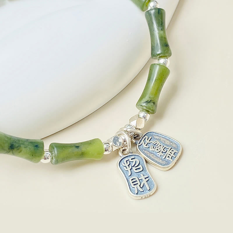 Wear FengShui 925 Sterling Silver Bamboo Jade Lucky Cat Fu Character Luck Abundance Bracelet