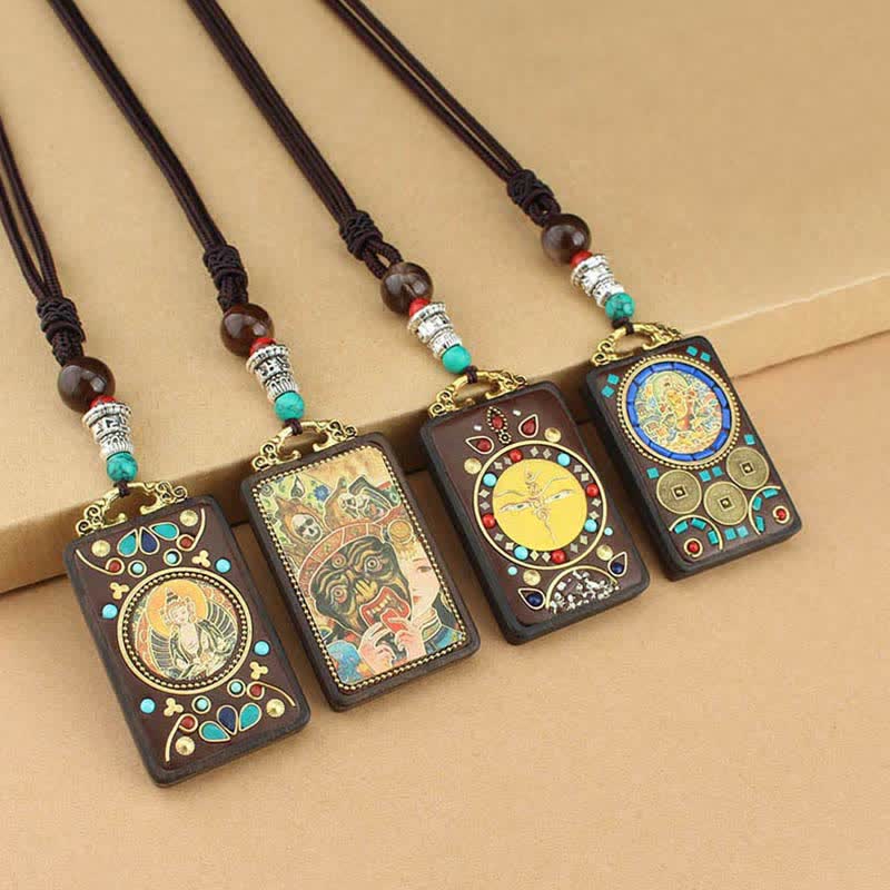 Wear FengShui Tibet God of Wealth Thangka Ebony Peace Necklace Pendant