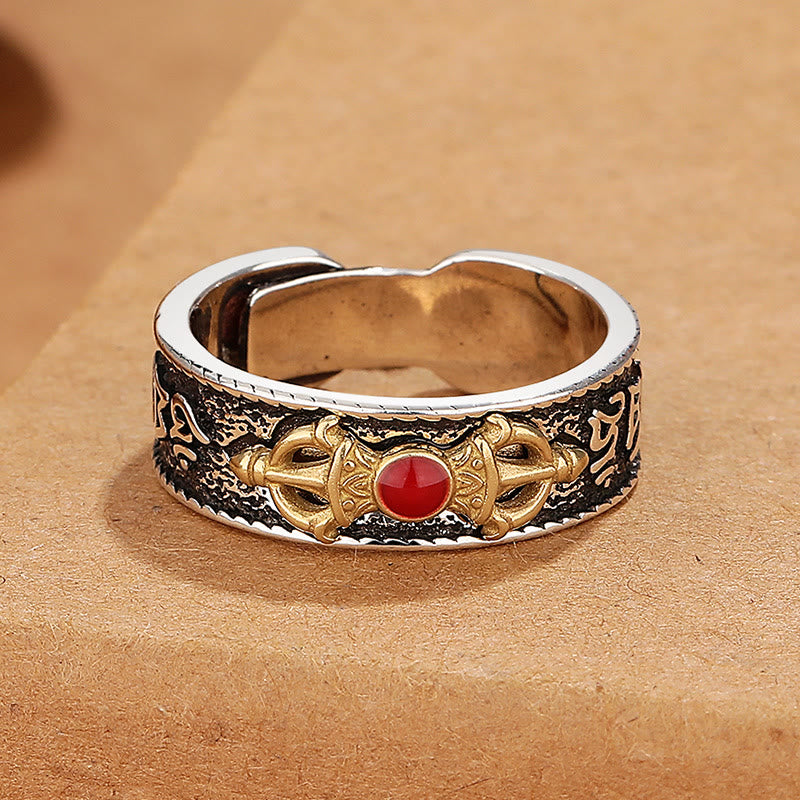 Wear FengShui Tibetan Om Mani Padme Hum Red Agate Dorje Vajra Design Wisdom Ring