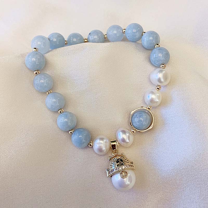 Wear FengShui Aquamarine Pearl Peace Healing Lucky Cat Charm Bracelet