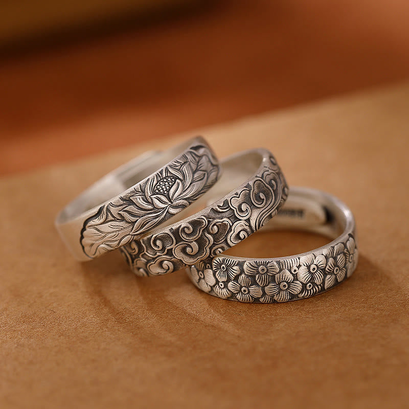 Wear FengShui 999 Sterling Silver Lotus Flower Plum Blossom Auspicious Clouds Engraved Enlightenment Ring