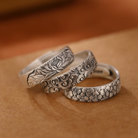 Wear FengShui 999 Sterling Silver Lotus Flower Plum Blossom Auspicious Clouds Engraved Enlightenment Ring
