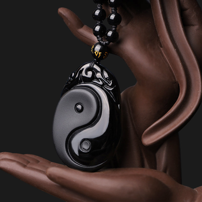 Wear FengShui Natural Black Obsidian Yin Yang Fulfilment Strength Necklace Pendant