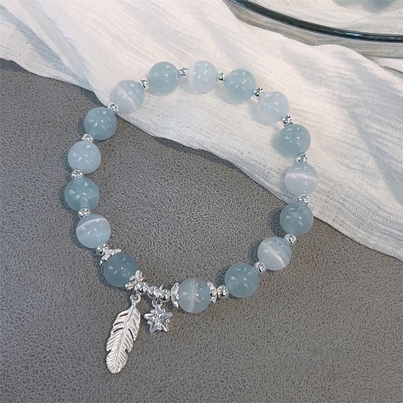 Wear FengShui 925 Sterling Silver Aquamarine Cat's Eye Healing Feather Star Charm Bracelet