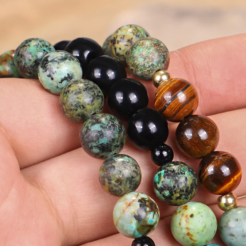 Wear FengShui 108 Mala Beads Natural Stone Tiger Eye Turquoise Protection Strength Bracelet Necklace