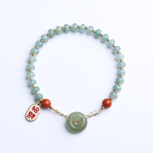 Wear FengShui Natural Hetian Jade Red Agate Peace Buckle Lucky Fortune Bracelet