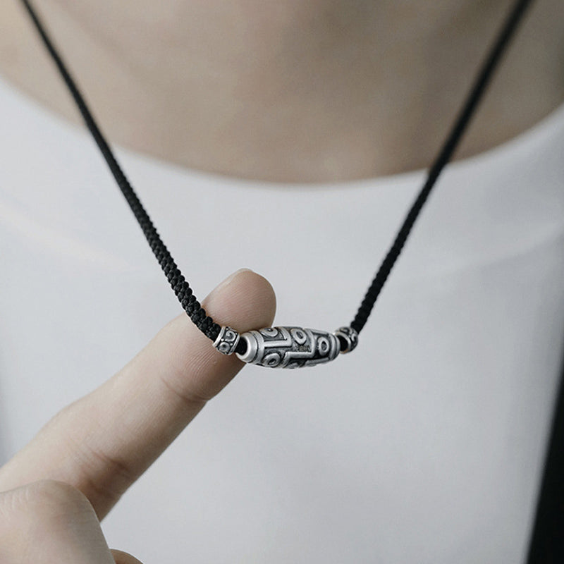 Wear FengShui 999 Sterling Silver Nine-Eye Dzi Bead Pattern Protection Rope Necklace Pendant
