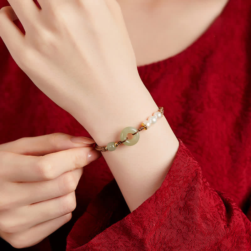 Wear FengShui Natural Hetian Jade Pearl Peace Buckle Luck Bracelet