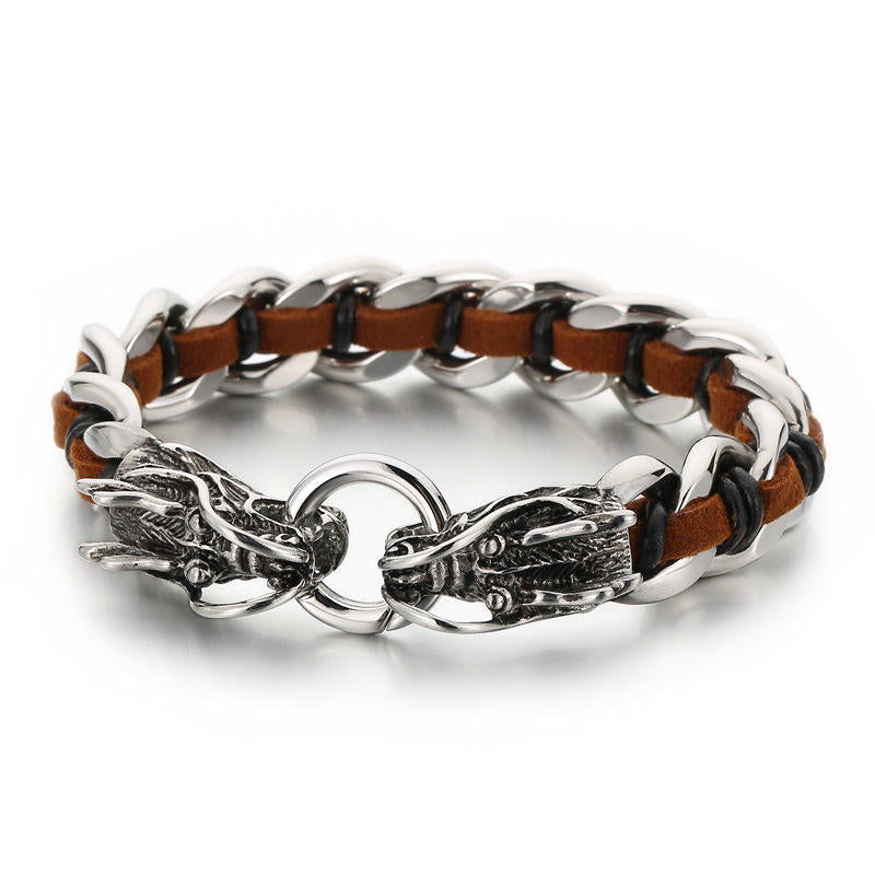 Wear FengShui Dragon Leather Titanium Steel Protection Luck Braided Bracelet