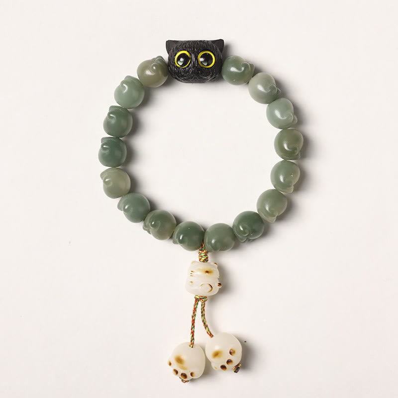 Wear FengShui Natural Bodhi Seed Lovely Paw Ebony Wood Lucky Cat Wisdom Bracelet