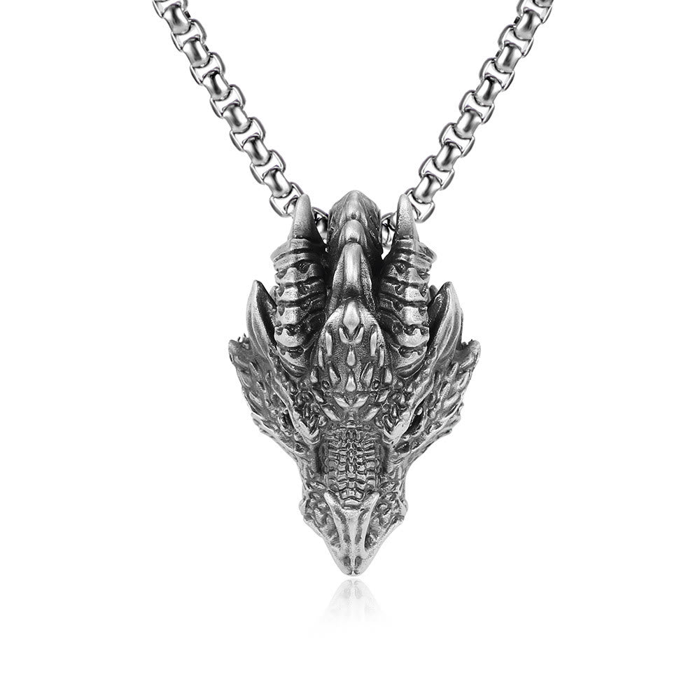 Wear FengShui Pure Tin Dragon Head Luck Protection Metal Necklace Pendant
