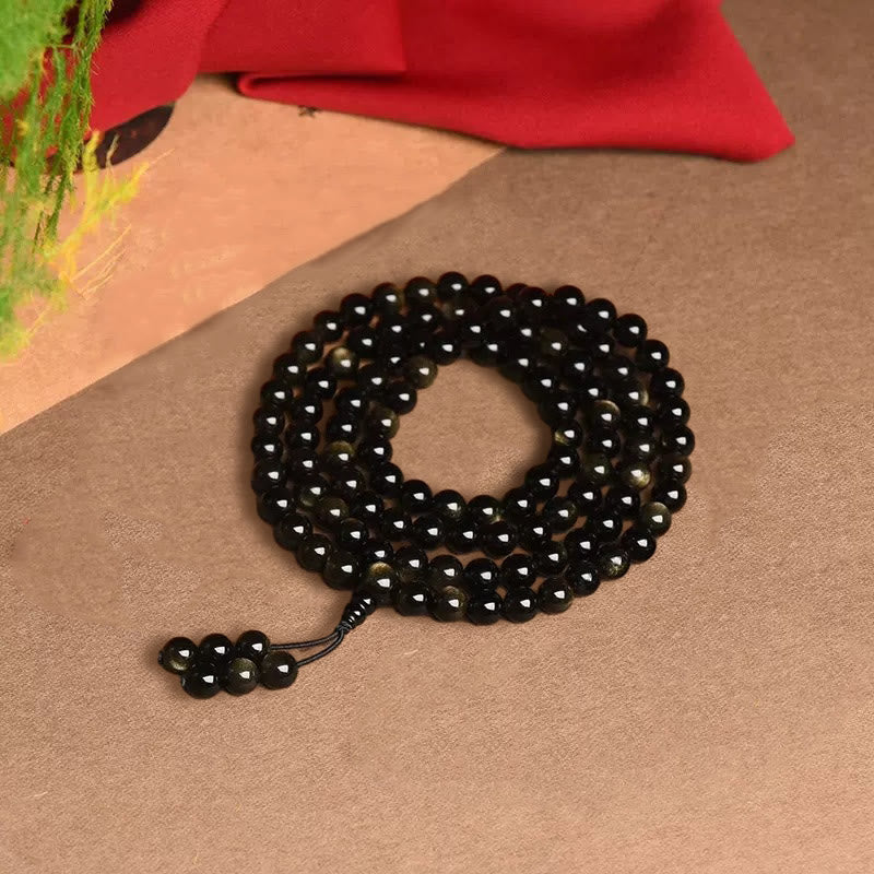 Wear FengShui 108 Mala Beads Natural Gold Sheen Obsidian Wealth Bracelet