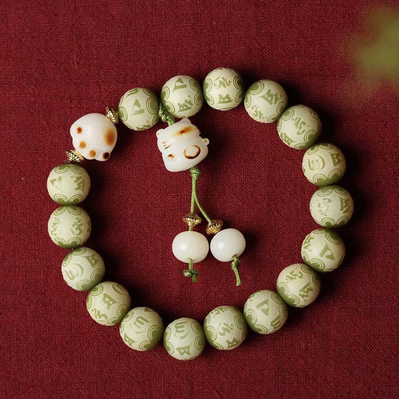 Wear FengShui Green Bodhi Seed Cat Paw Om Mani Padme Hum Engraved Wisdom Bracelet