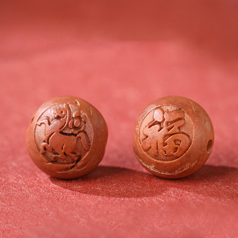 Wear FengShui Natural Peach Wood Chinese Zodiac Fu Character Carved Cinnabar Wealth Bracelet
