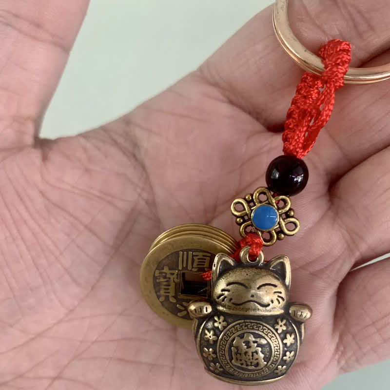 Wear FengShui Feng Shui Five Emperor Coins Lucky Cat Money Wealth Keychain