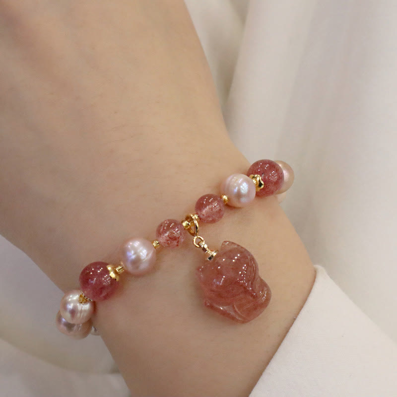 Wear FengShui Natural Pearl Strawberry Quartz Cute Fox Love Healing Charm Bracelet