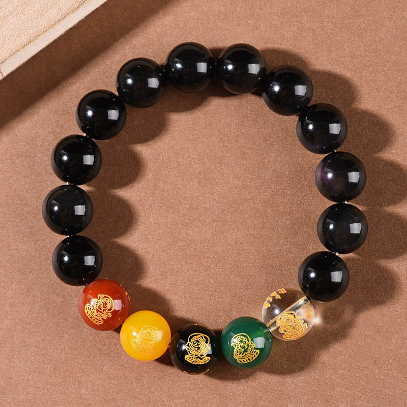 Wear FengShui Gold Sheen Obsidian Rainbow Obsidian Black Obsidian Five Directions Gods of Wealth Bracelet