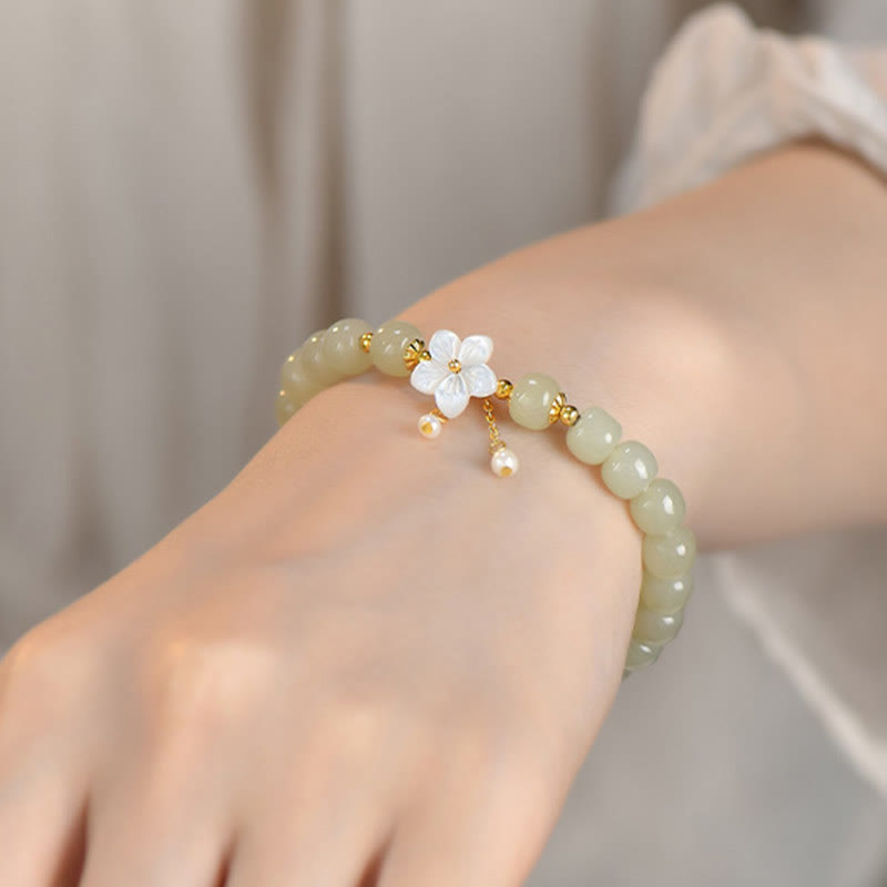 Wear FengShui 925 Sterling Silver Natural Hetian Jade Luck Flower Bracelet