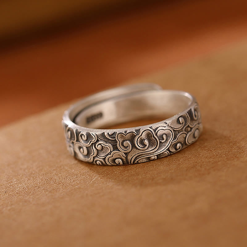 Wear FengShui 999 Sterling Silver Lotus Flower Plum Blossom Auspicious Clouds Engraved Enlightenment Ring