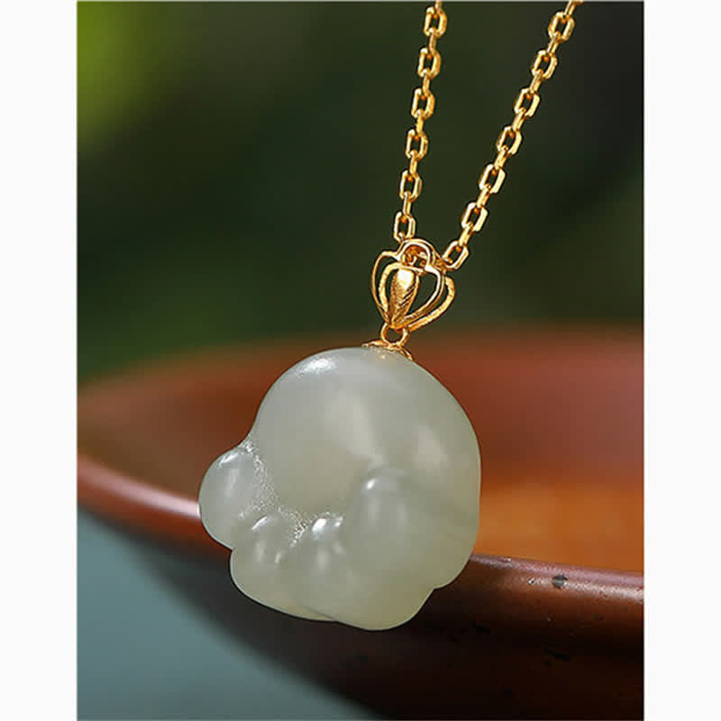 Wear FengShui 925 Sterling Silver Hetian White Jade Cute Cat Paw Luck Necklace Pendant