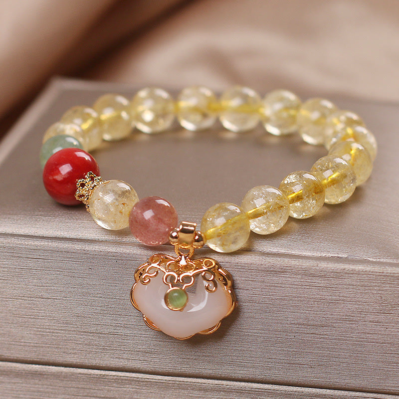 Wear FengShui Natural Citrine White Jade Strawberry Quartz Protection Charm Bracelet