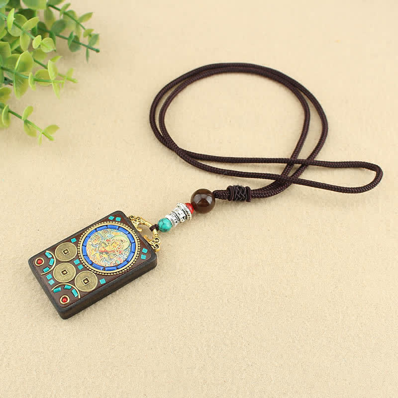 Wear FengShui Tibet God of Wealth Thangka Ebony Peace Necklace Pendant