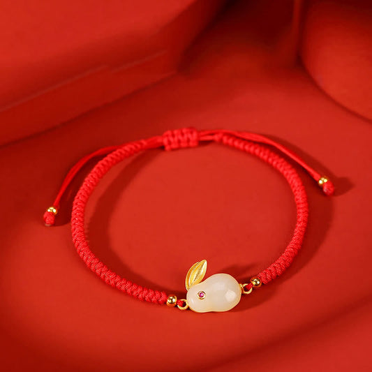 Wear FengShui 925 Sterling Silver Year of the Rabbit Hetian White Jade Luck Red String Protection Bracelet