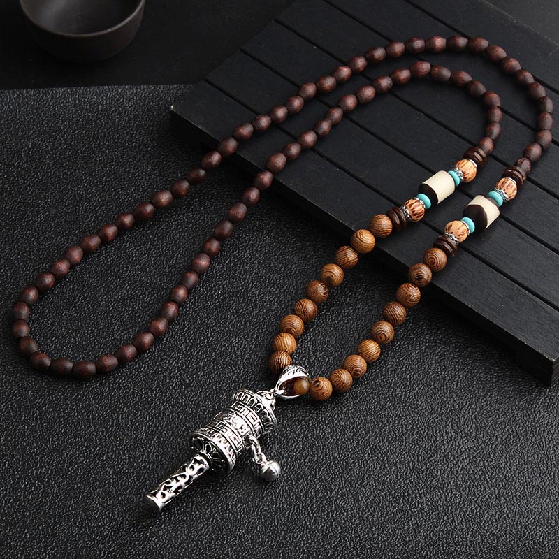 Wear FengShui Turquoise Dzi Bead Prayer Wheel Wenge Wood Meditation Necklace