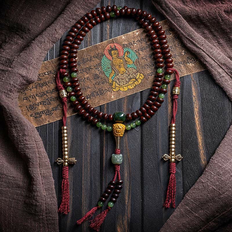 Wear FengShui Natural Tibet 108 Mala Beads Purple Bodhi Seed Hetian Cyan Jade Copper Dorje Peace Bracelet