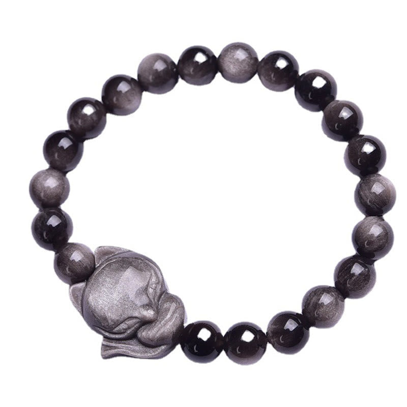 Wear FengShui Natural Silver Sheen Obsidian Fox Protection Bracelet