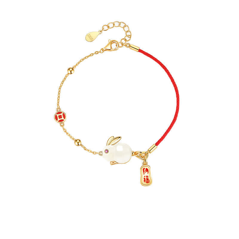 Wear FengShui Year of the Rabbit White Jade Happiness Red String Chain Bracelet