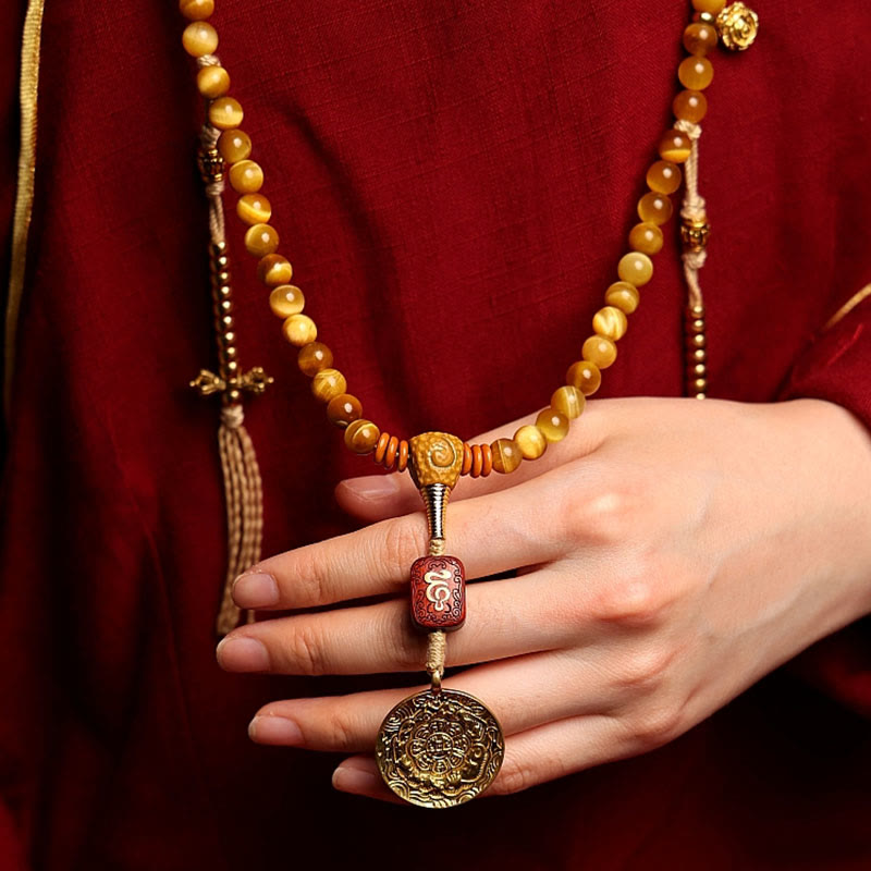 Wear FengShui 108 Mala Beads Natural Tiger Eye Copper Dorje Protection Tassel Bracelet
