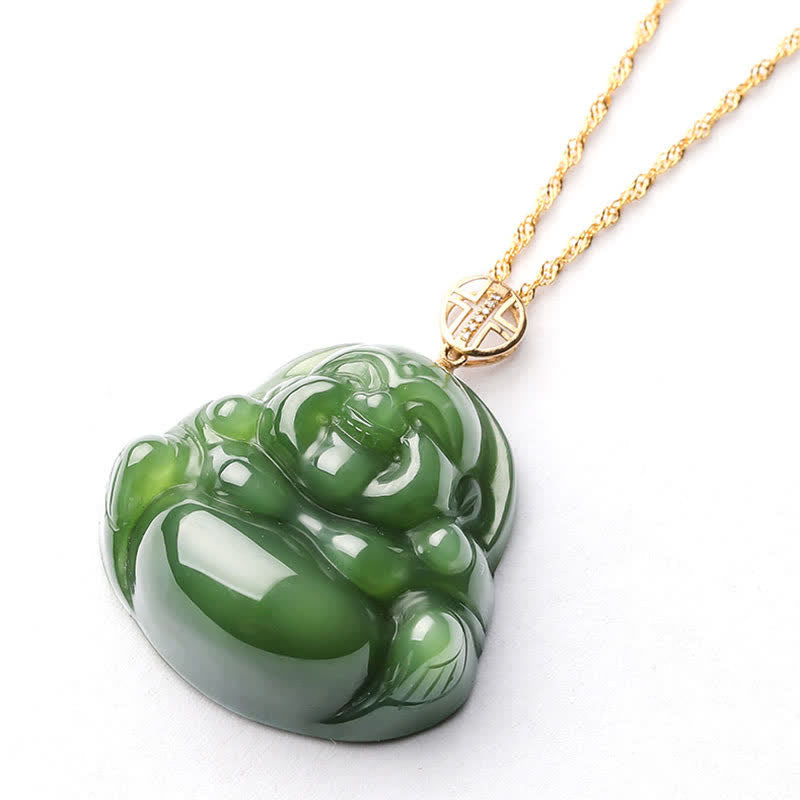Wear FengShui 925 Sterling Silver Laughing Buddha Hetian Cyan Jade 18K Gold Success Necklace Chain Pendant