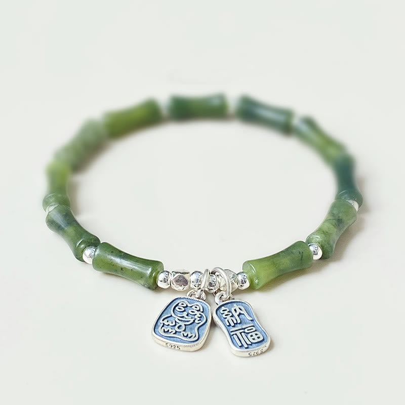 Wear FengShui 925 Sterling Silver Bamboo Jade Lucky Cat Fu Character Luck Abundance Bracelet
