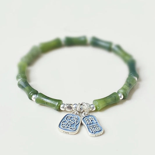 Wear FengShui 925 Sterling Silver Bamboo Jade Lucky Cat Fu Character Luck Abundance Bracelet
