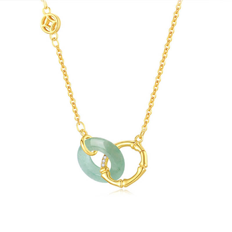 Wear FengShui 925 Sterling Silver Natural Green Aventurine Peace Buckle Bamboo Coin Prosperity Necklace Pendant
