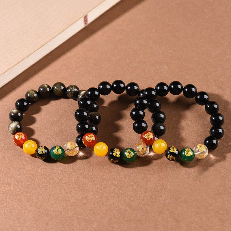 Wear FengShui Gold Sheen Obsidian Rainbow Obsidian Black Obsidian Five Directions Gods of Wealth Bracelet