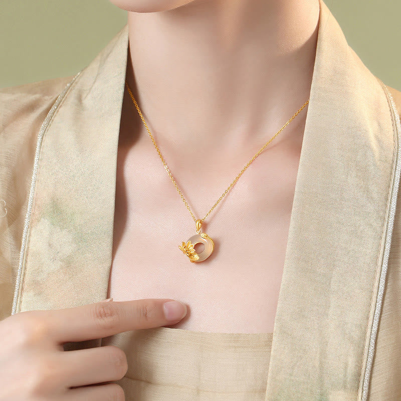 Wear FengShui Natural White Chalcedony Peace Buckle Lotus Pendant S925 Sterling Silver Necklace