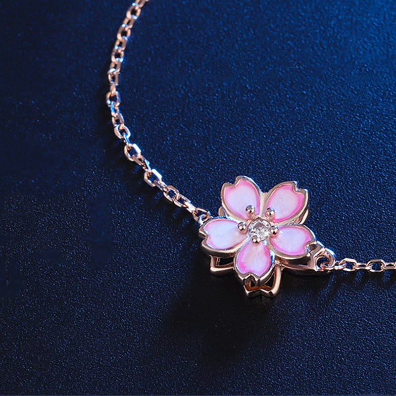 Wear FengShui 925 Sterling Silver Cherry Blossom Blessing Chain Bracelet Rotatable Ring