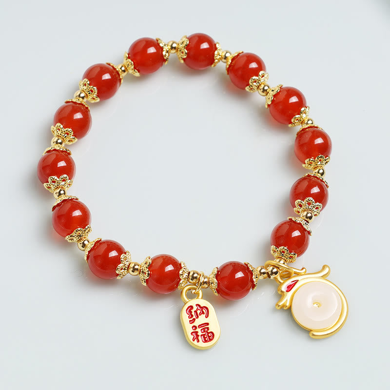 Wear FengShui Year of the Dragon Red Agate Green Aventurine Peace Buckle Fu Character Lucky Fortune Bracelet
